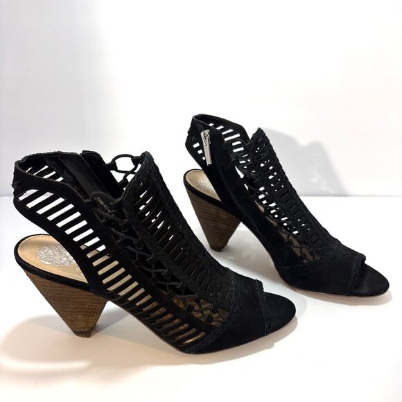 Black Peep-Toe Laser-Cut Heeled Sandals With Back Zippers & Wooden Cone Heels - Picture 2 of 9